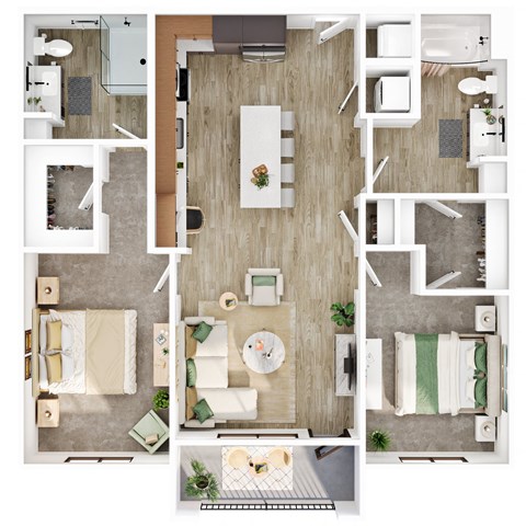 A top-down view of a small apartment with a kitchen, living room, and bathroom.